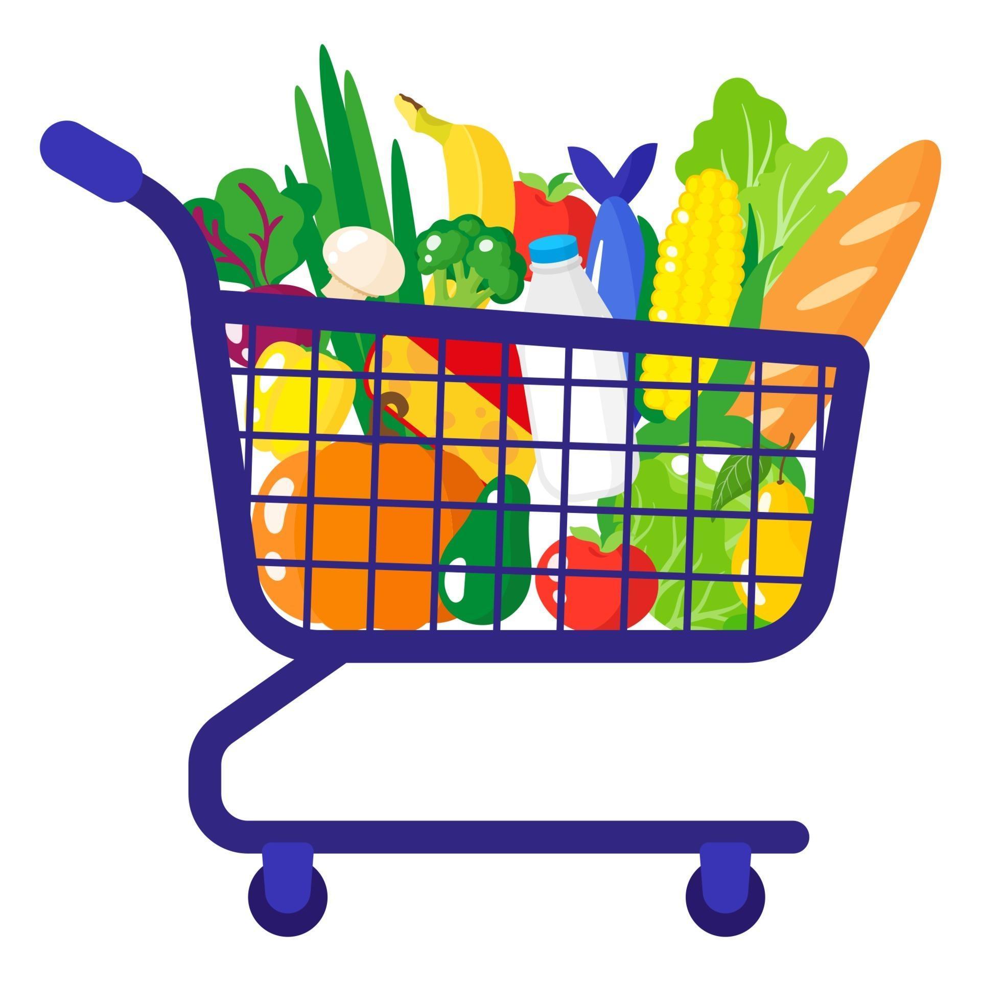 Vector cartoon illustration of supermarket grocery cart with healthy