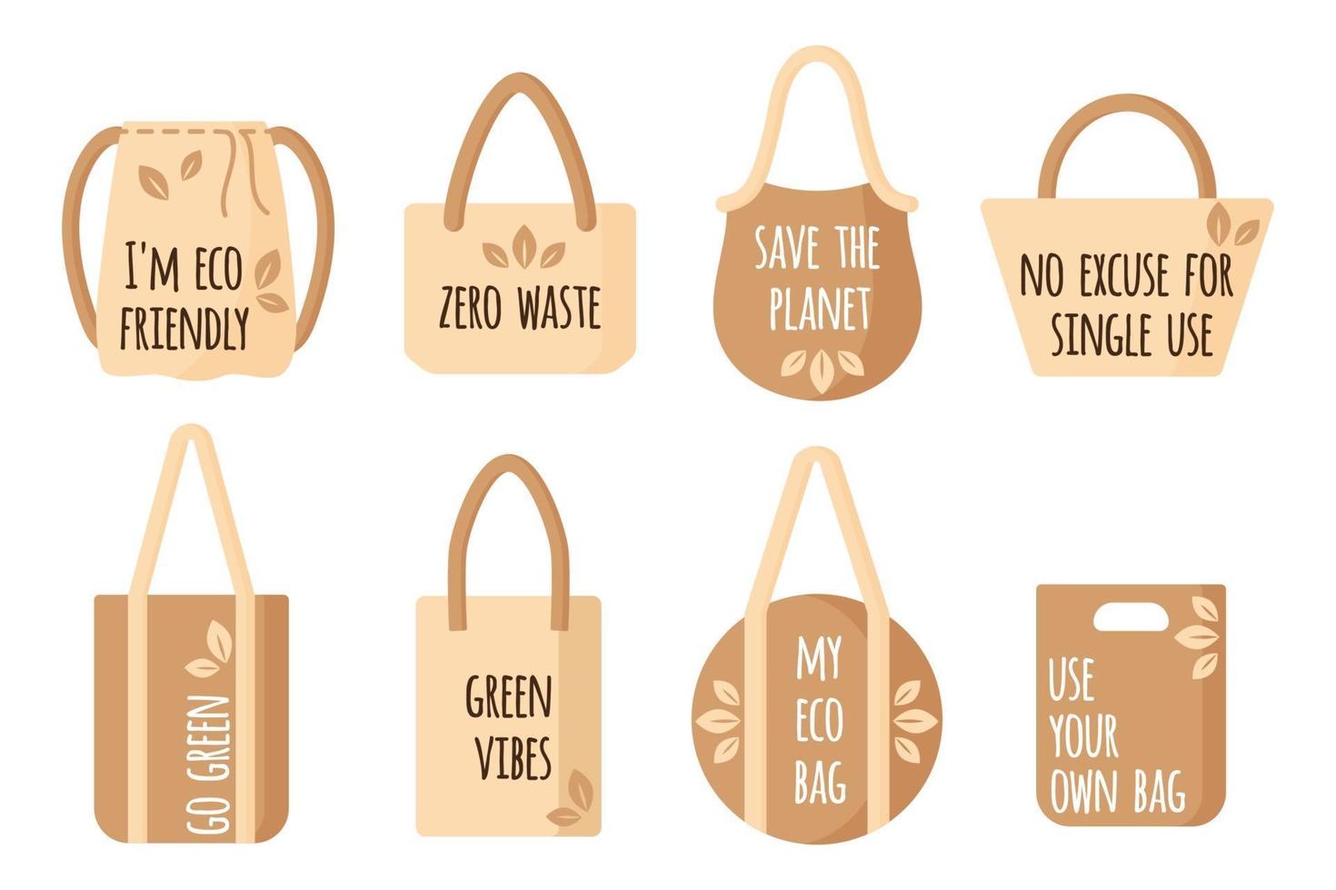 Vector cartoon set of empty textile reusable grocery bags with eco quotes for healthy food isolated on white background