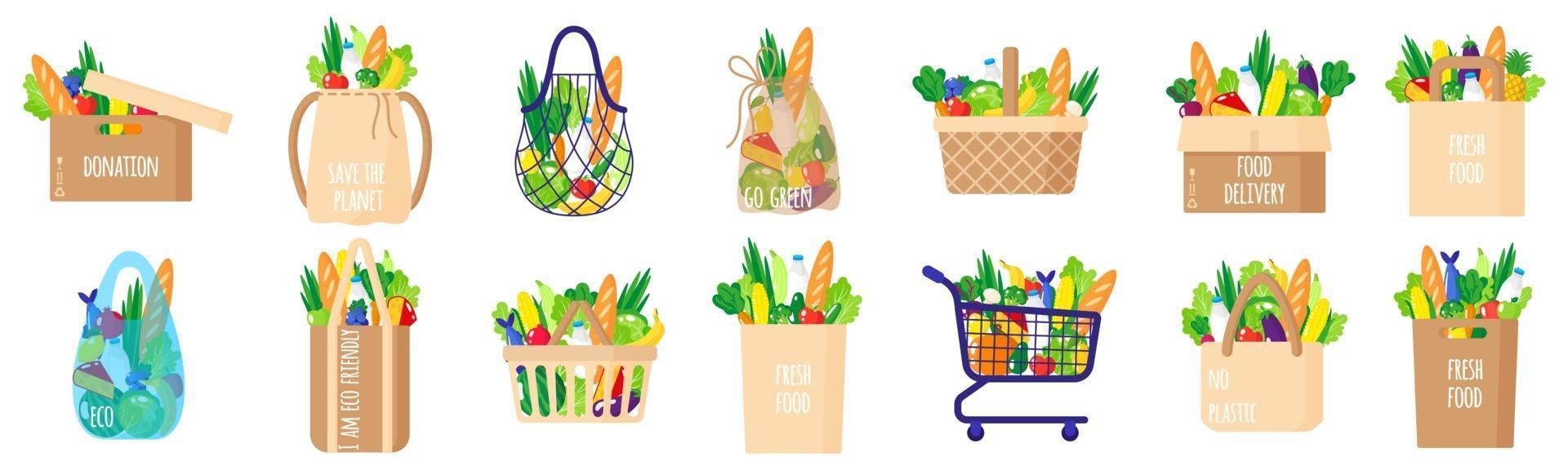 Vector cartoon set of paper grocery bags, baskets, cart, box, turtle bag with healthy food isolated on white background