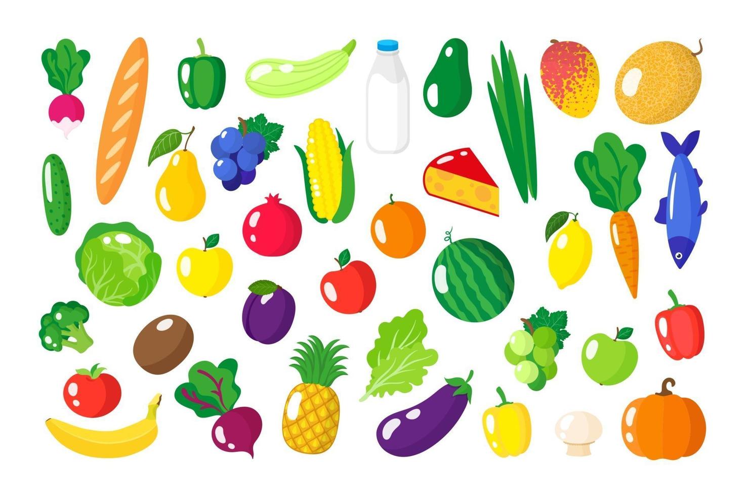 Conjunto de dibujos animados de vector de alimentos orgánicos saludables frescos, verduras y frutas aisladas sobre fondo blanco.