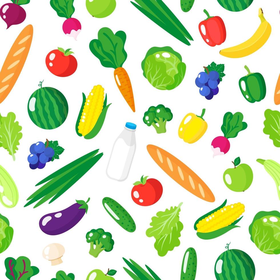 Vector de dibujos animados de patrones sin fisuras con alimentos orgánicos saludables frescos, verduras y frutas aisladas sobre fondo blanco.