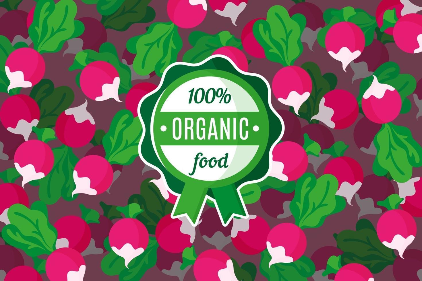 Vector poster or banner with illustration of pink radish background and round green organic food label