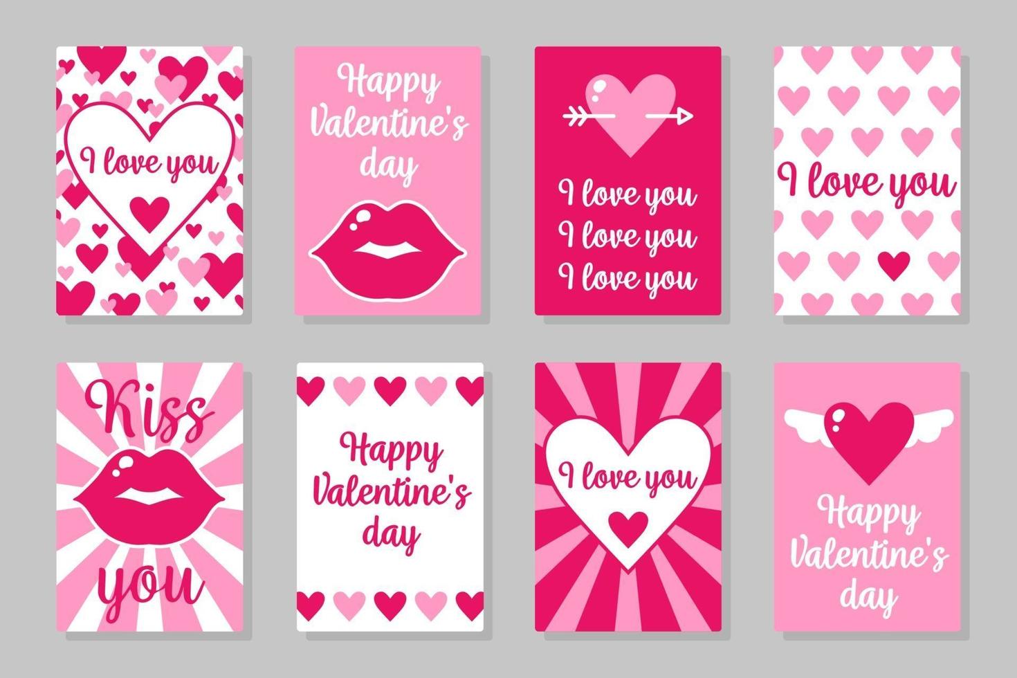 Set of pink, white and red colored cards for Valentine's Day or wedding. Vector flat design isolated on gray background