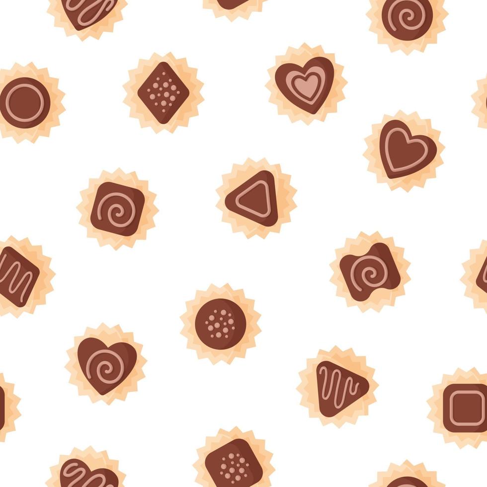 Seamless pattern of chocolates of various shapes with icing for Valentine's Day. vector