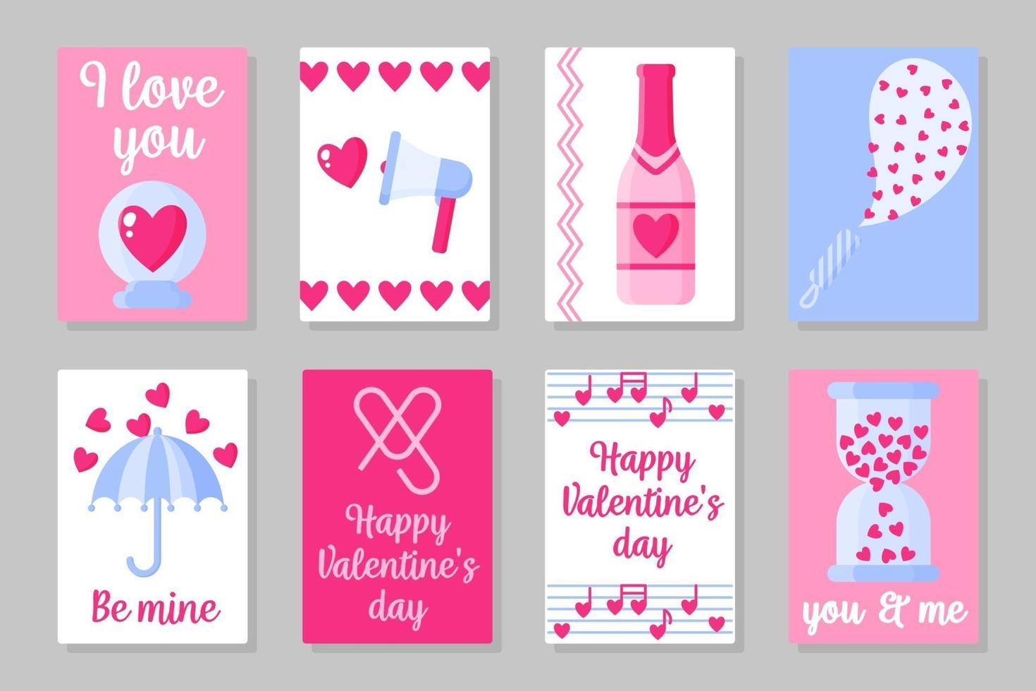 Set of pink, white and blue colored cards for Valentine's Day or wedding. Vector flat design isolated on gray background