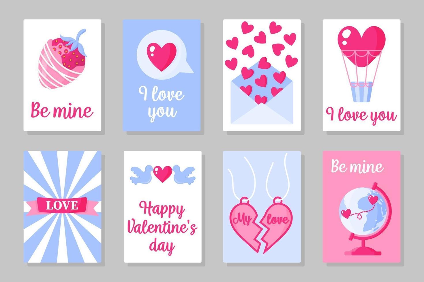 Set of pink, white and blue colored cards for Valentine's Day or wedding. Vector flat design isolated on gray background