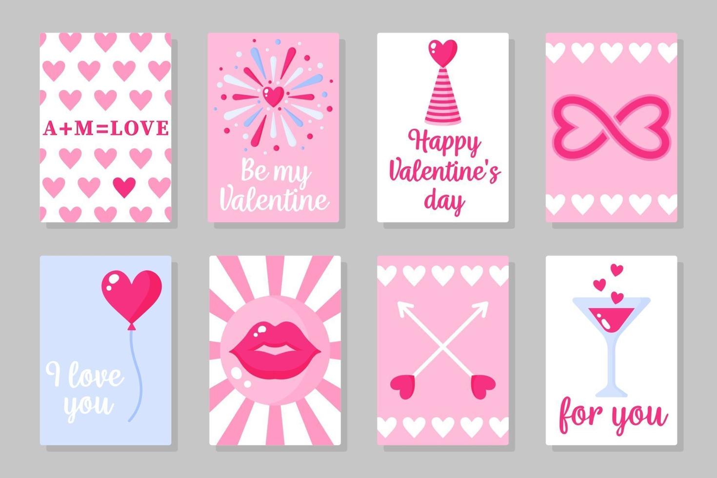 Set of pink, white and blue colored cards for Valentine's Day or wedding. Vector flat design isolated on gray background