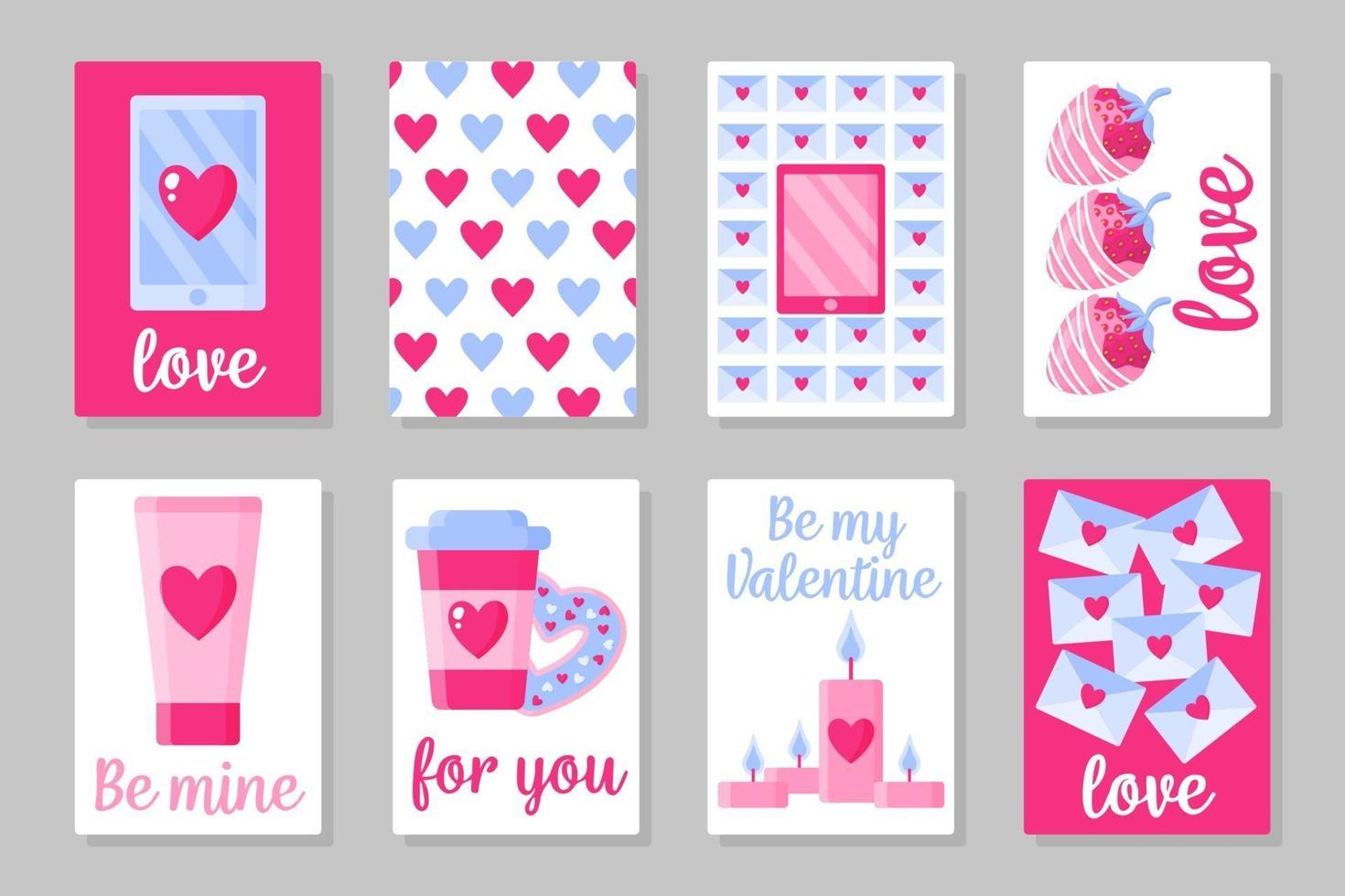 Set of pink, white and blue colored cards for Valentine's Day or wedding. Vector flat design isolated on gray background