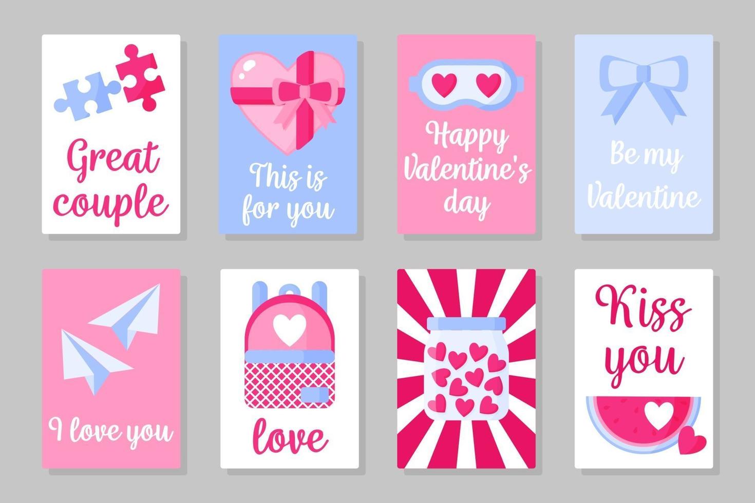 Set of pink, white and blue colored cards for Valentine's Day or wedding. Vector flat design isolated on gray background