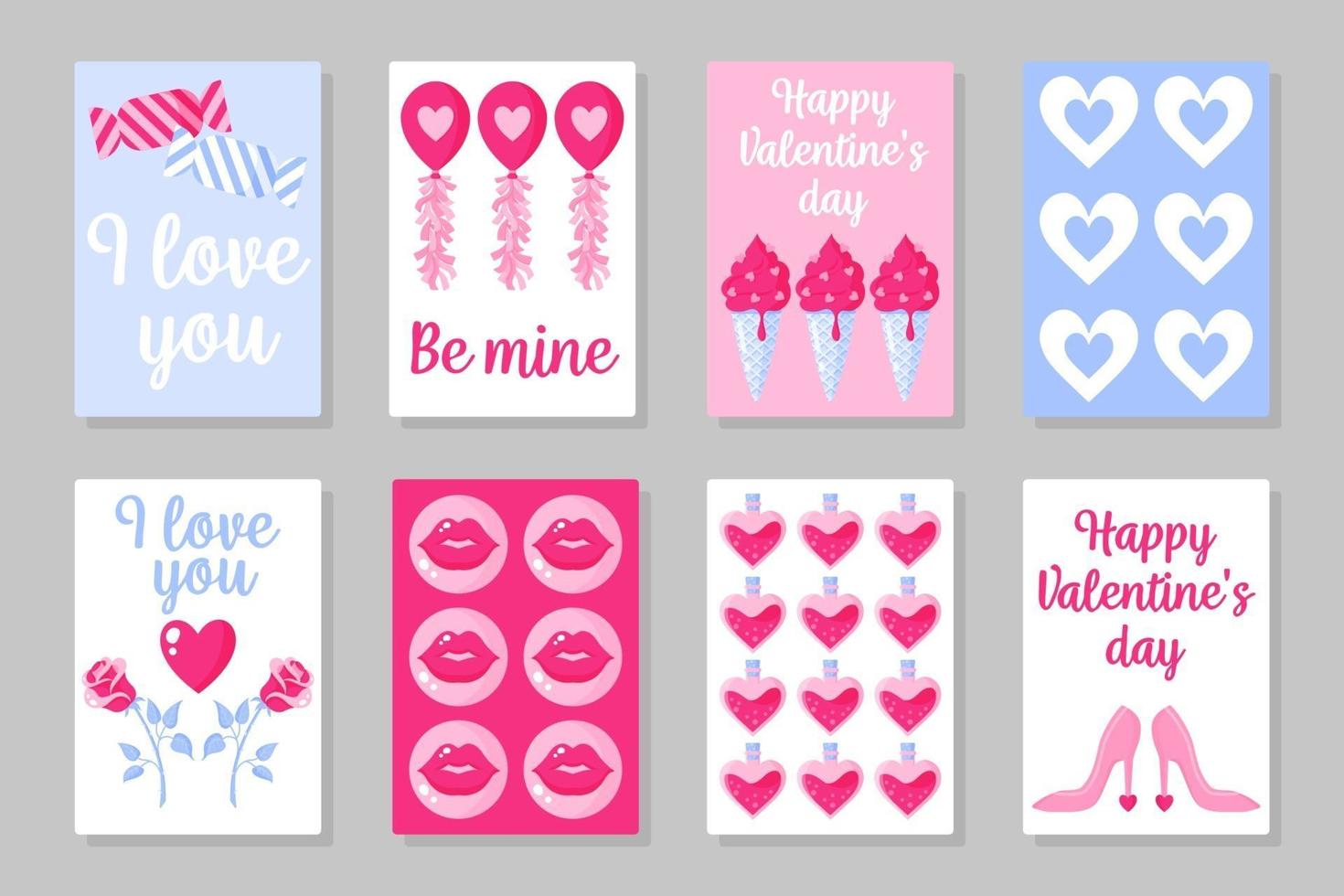 Set of pink, white and blue colored cards for Valentine's Day or wedding. Vector flat design isolated on gray background