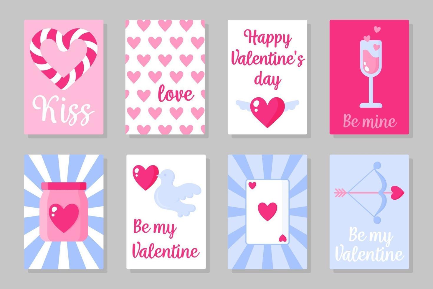 Set of pink, white and blue colored cards for Valentine's Day or wedding. Vector flat design isolated on gray background