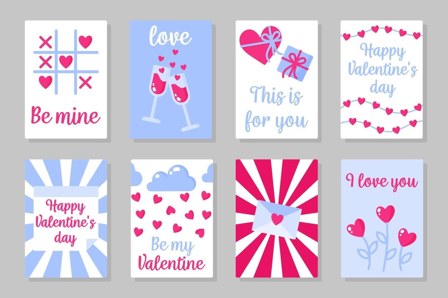 Set of pink, white and blue colored cards for Valentine's Day or wedding. Vector flat design isolated on gray background