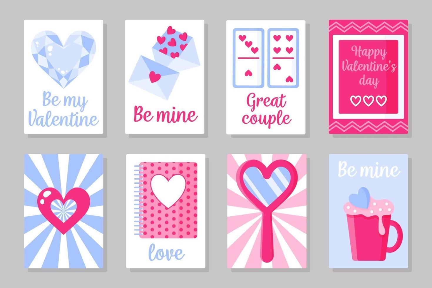 juego de tarjetas de color rosa, blanco y azul para el día de San Valentín o una boda. diseño plano vectorial aislado sobre fondo gris vector