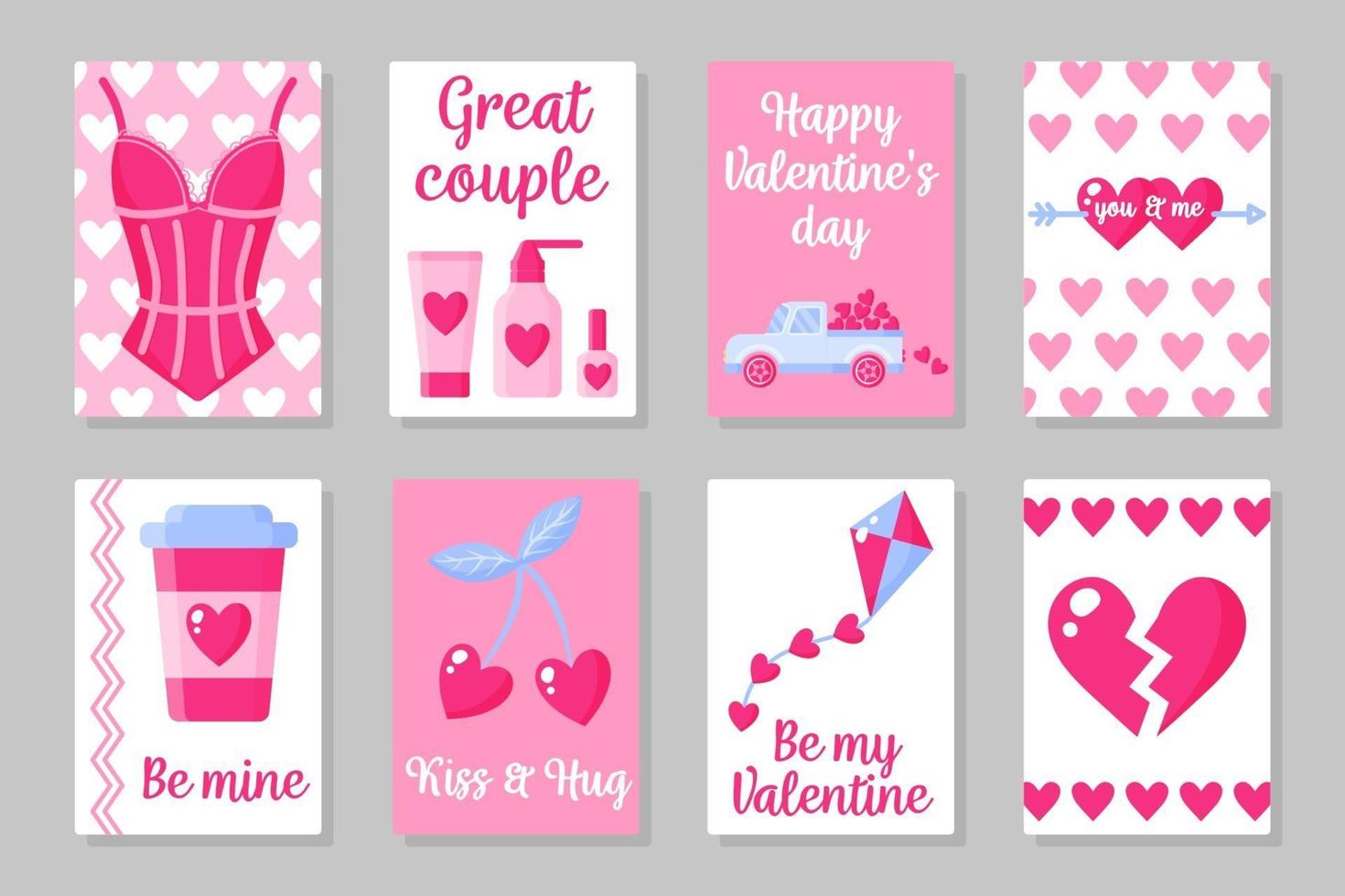 Set of pink, white and blue colored cards for Valentine's Day or wedding. Vector flat design isolated on gray background