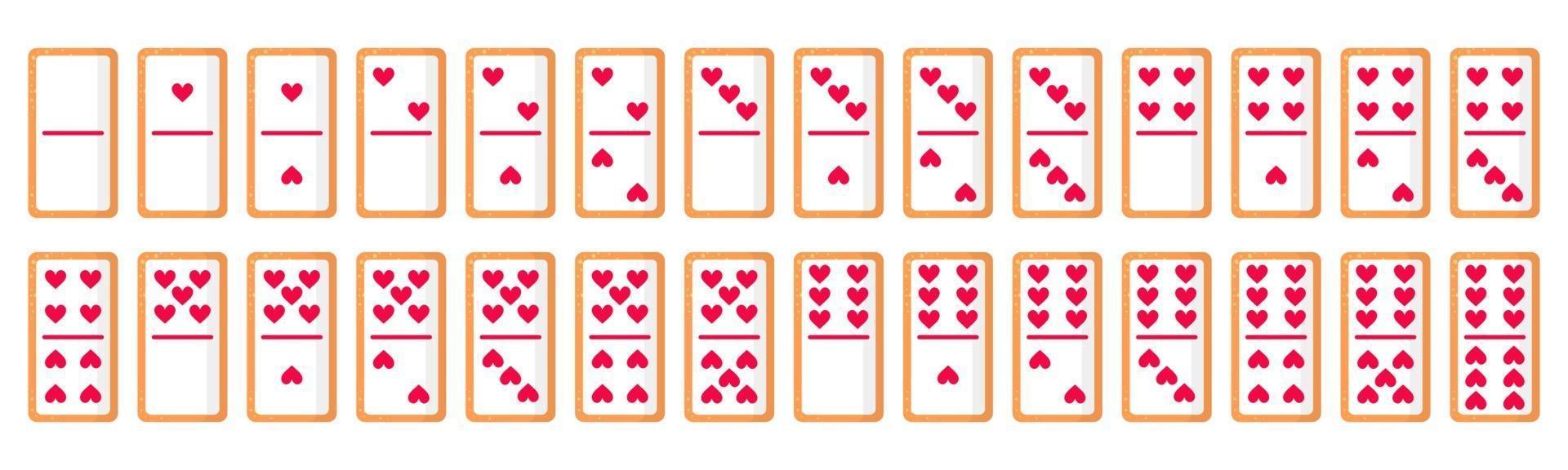 juego de 28 galletas de huesos de dominó con corazones para el día de san valentín. diseño de icono plano vectorial aislado sobre fondo blanco. vector