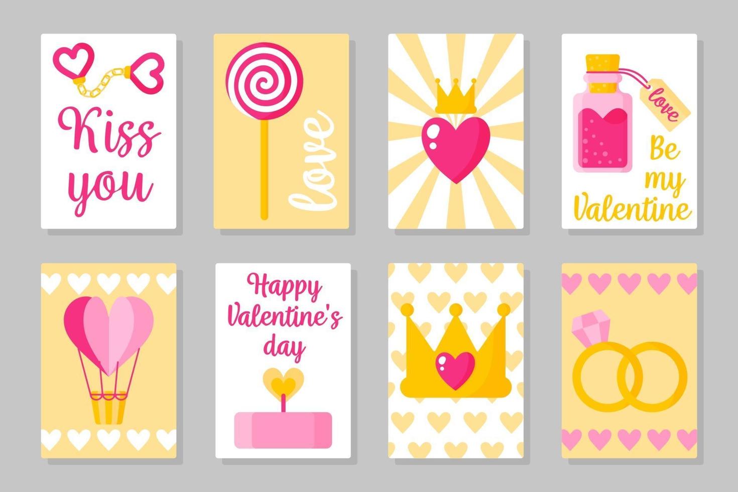 Set of pink, white and yellow colored cards for Valentine's Day or wedding. Vector flat isolated design