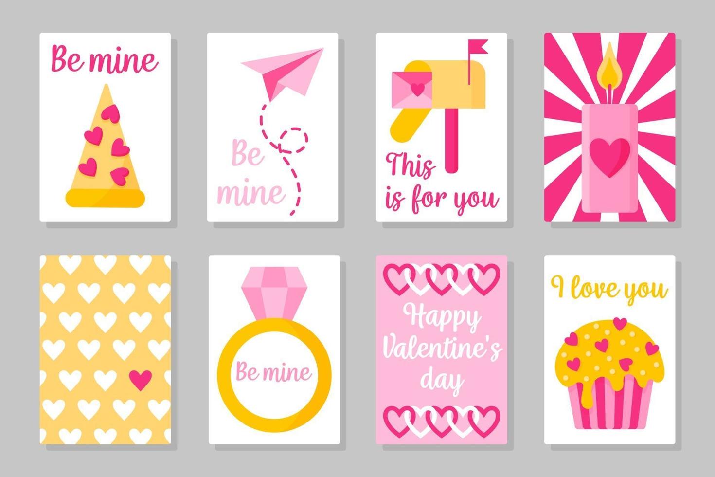 Set of pink, white and yellow colored cards for Valentine's Day or wedding. Vector flat isolated design