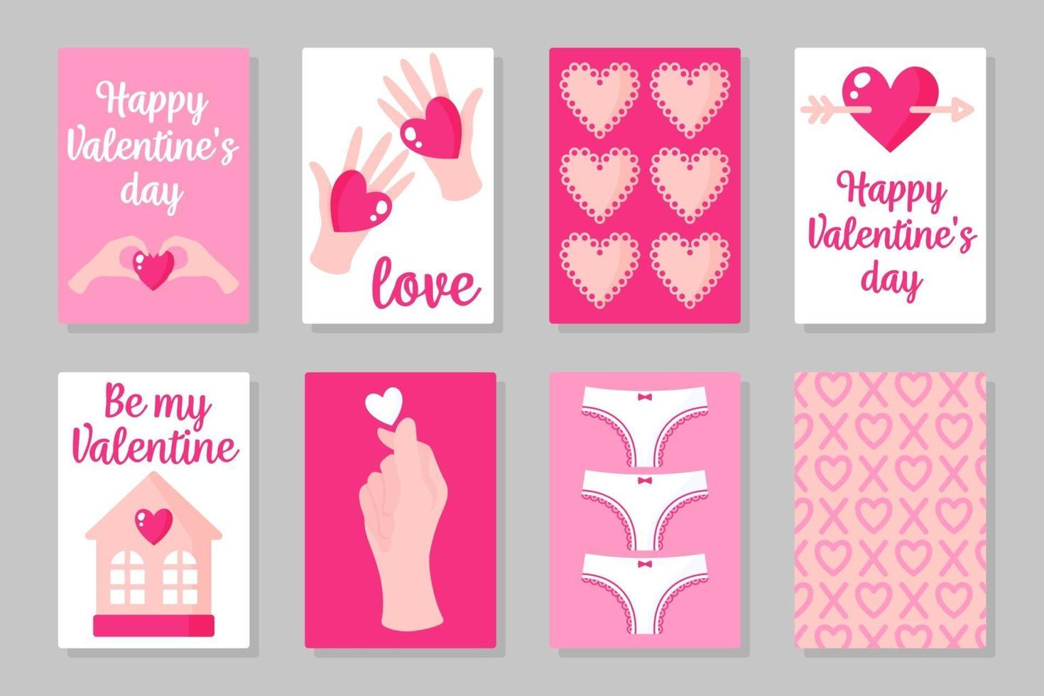 juego de tarjetas de color rosa, blanco y rojo para el día de San Valentín o una boda. diseño plano vectorial aislado sobre fondo gris vector