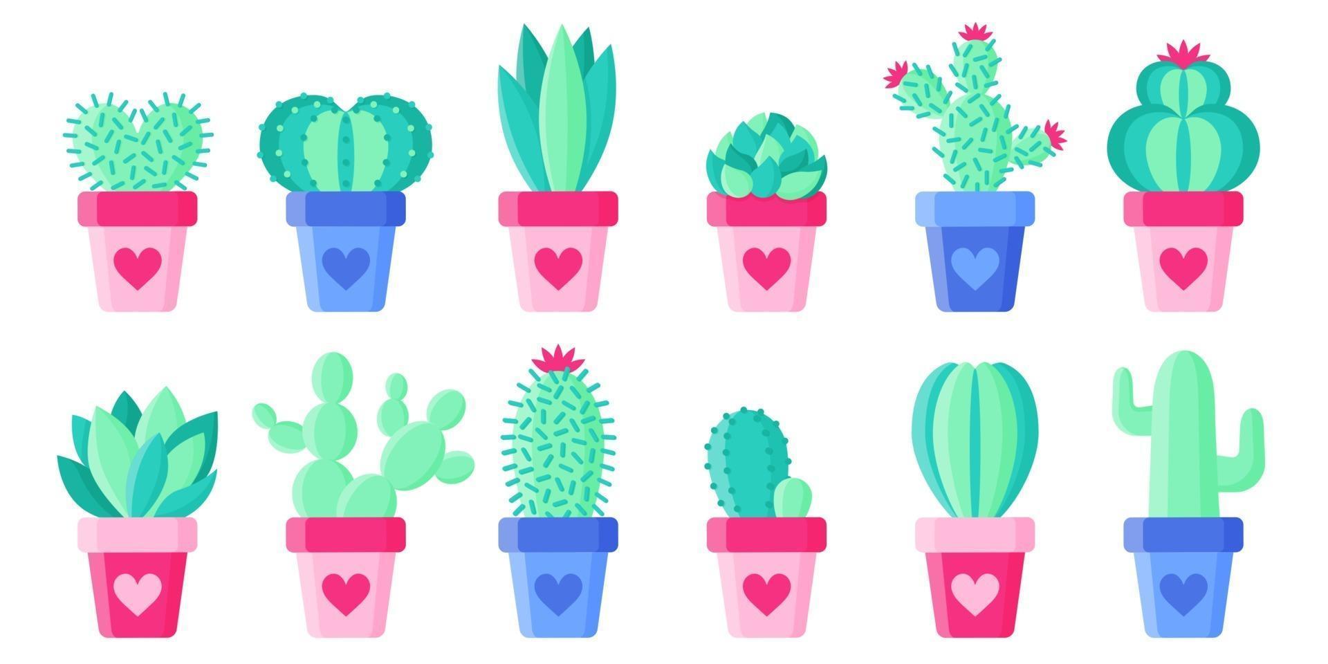 Set flower pots with cacti and succulents for the wedding or Valentine's Day. vector