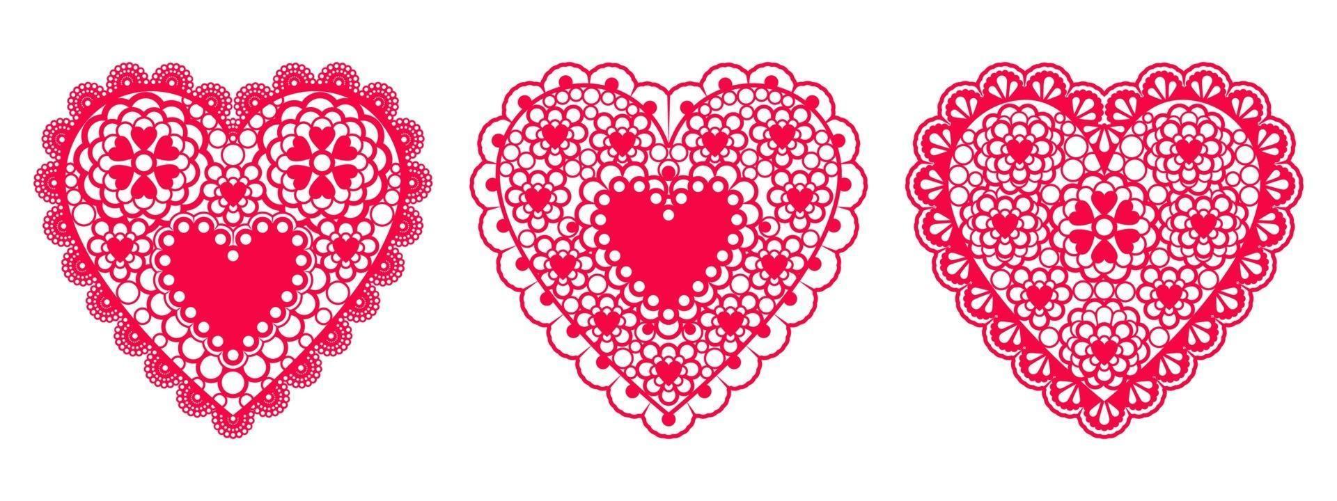 conjunto de corazones de encaje de papel para boda de elemento de diseño o tarjetas de San Valentín, invitaciones, etc. diseño plano vectorial. vector