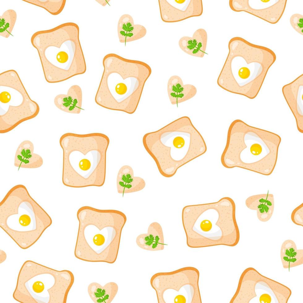 Seamless pattern with toasts and fried eggs in the shape of a heart, breakfast for Valentine's Day. vector