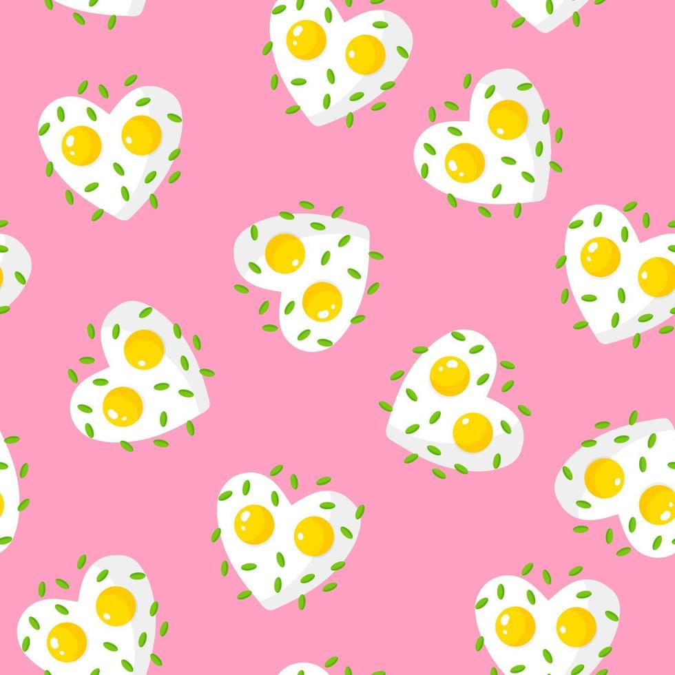 Seamless pattern with fried eggs and greens in the shape of a heart, breakfast for Valentine's Day. vector