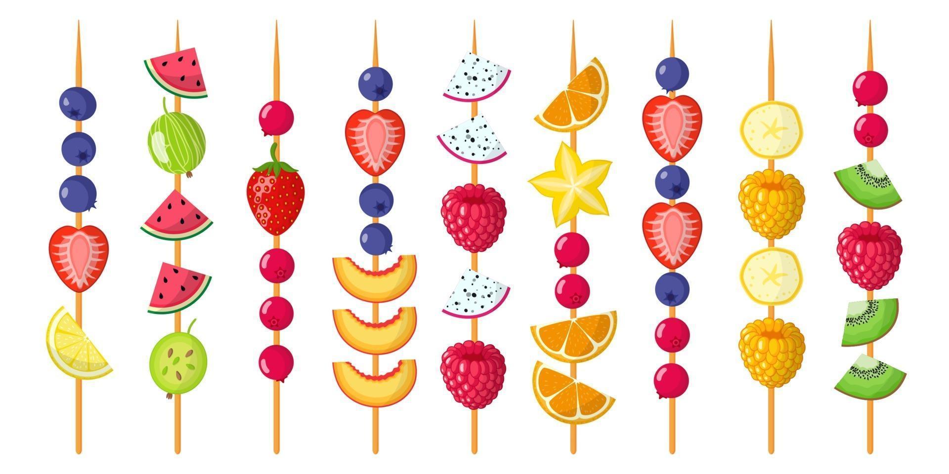 Fruit canapes mix on wooden skewers. Strawberries, blueberries, raspberries, watermelon, kiwi, banana, tangerine. vector