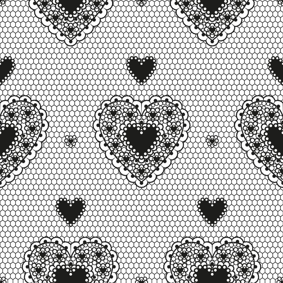 Patrón transparente de guipur negro con corazones para una boda o el día de San Valentín. vector