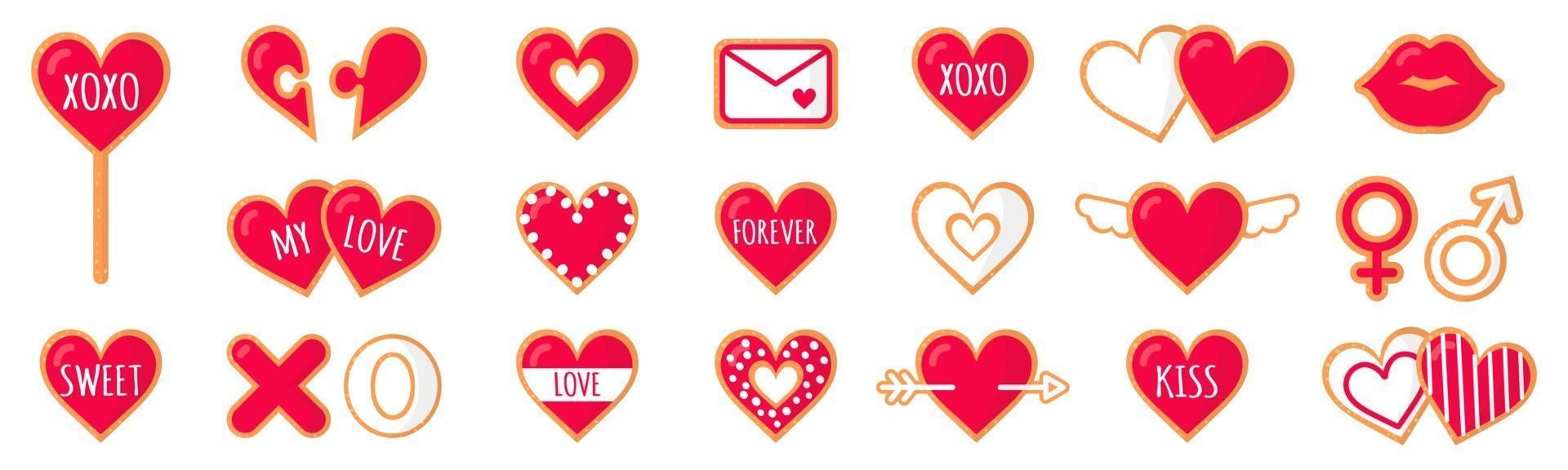 Set of gingerbread cookies with lettering love for Valentine's Day. Vector flat icon design isolated on white background