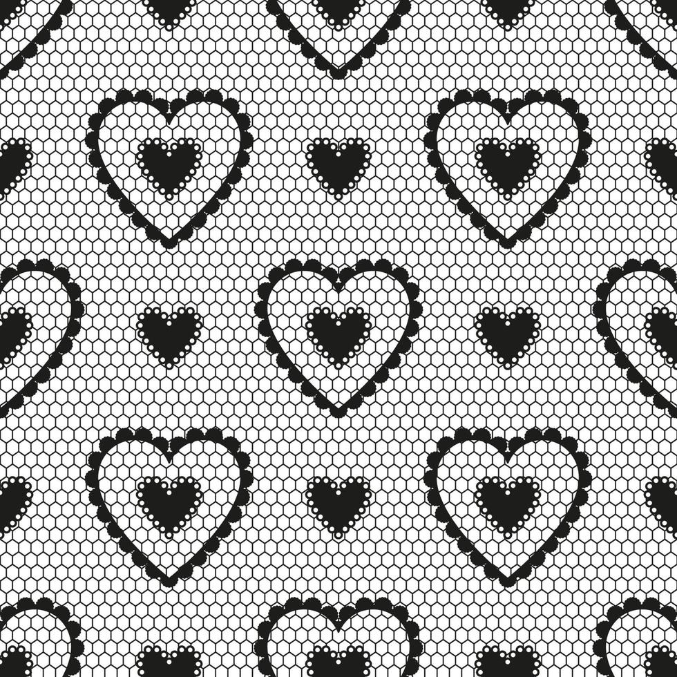 Seamless pattern of black lace with hearts for a wedding or Valentine's Day. vector