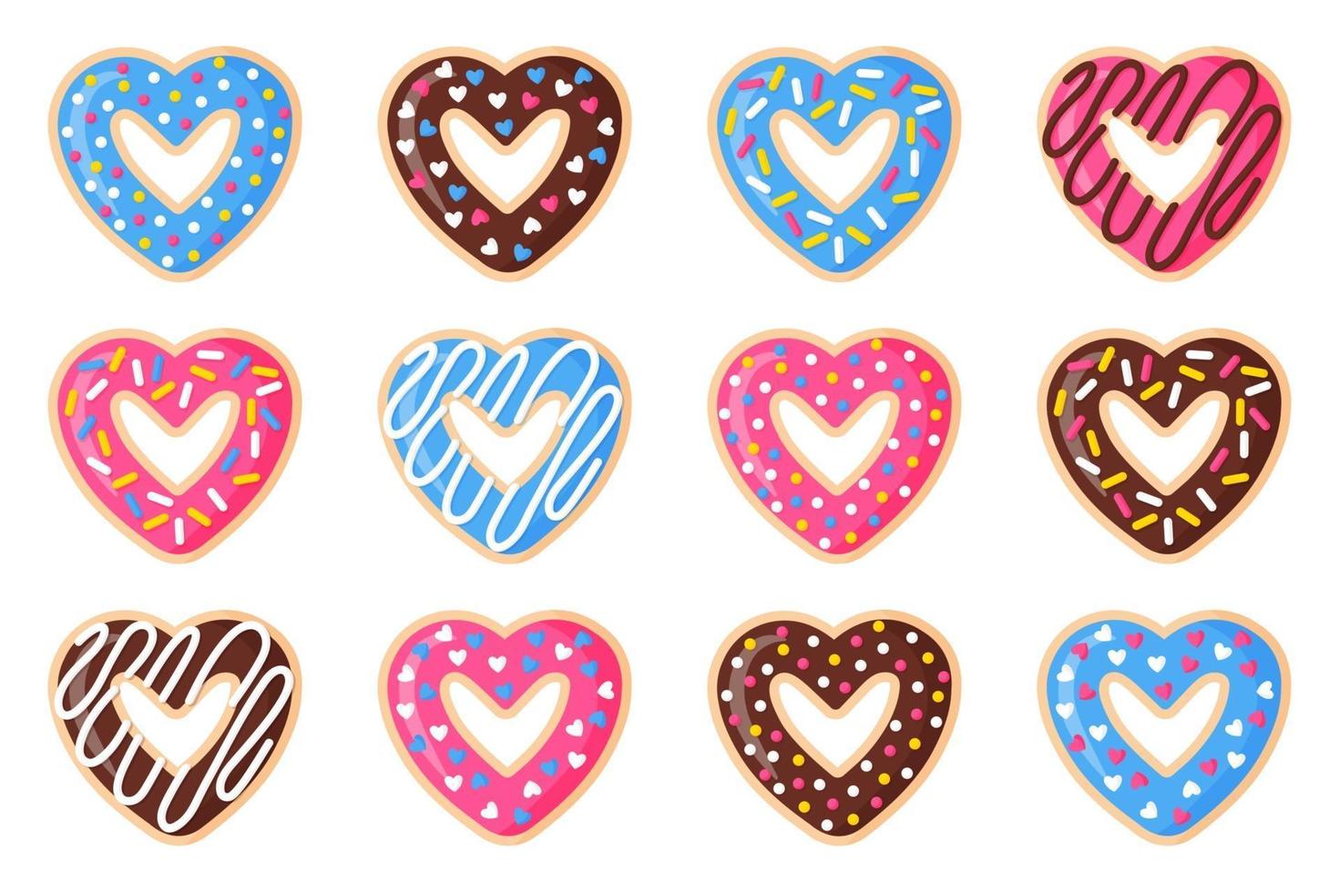 juego de donas en forma de corazón de San Valentín con glaseado rosa, azul y chocolate. vector