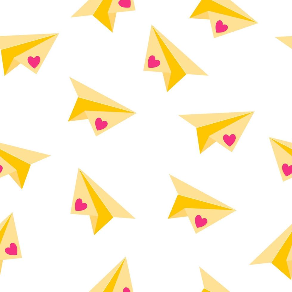 Seamless pattern of paper origami airplane and heart for the wedding or Valentine's Day. vector