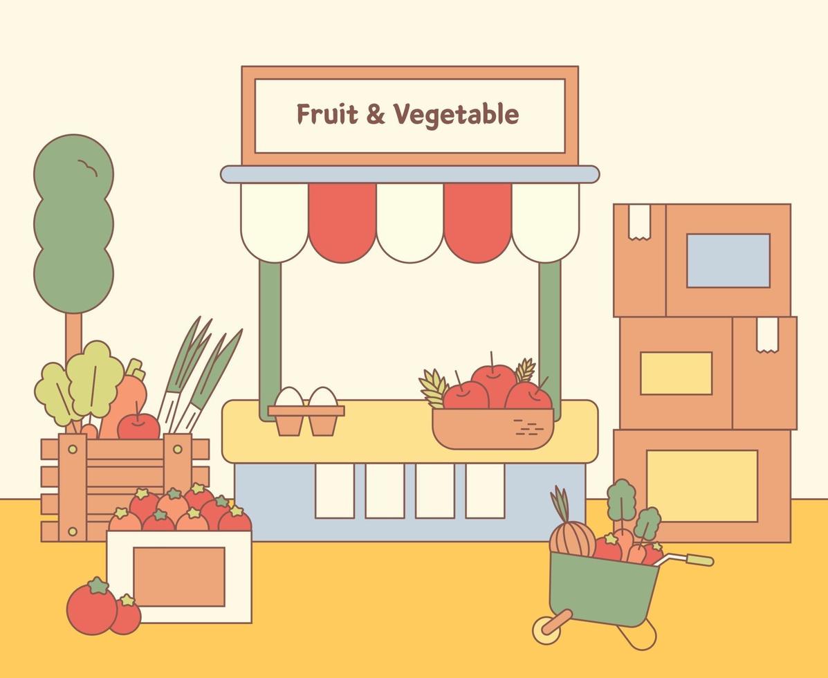 La caja de una tienda de frutas y verduras está llena de productos. Ilustración de vector mínimo de estilo de diseño plano.