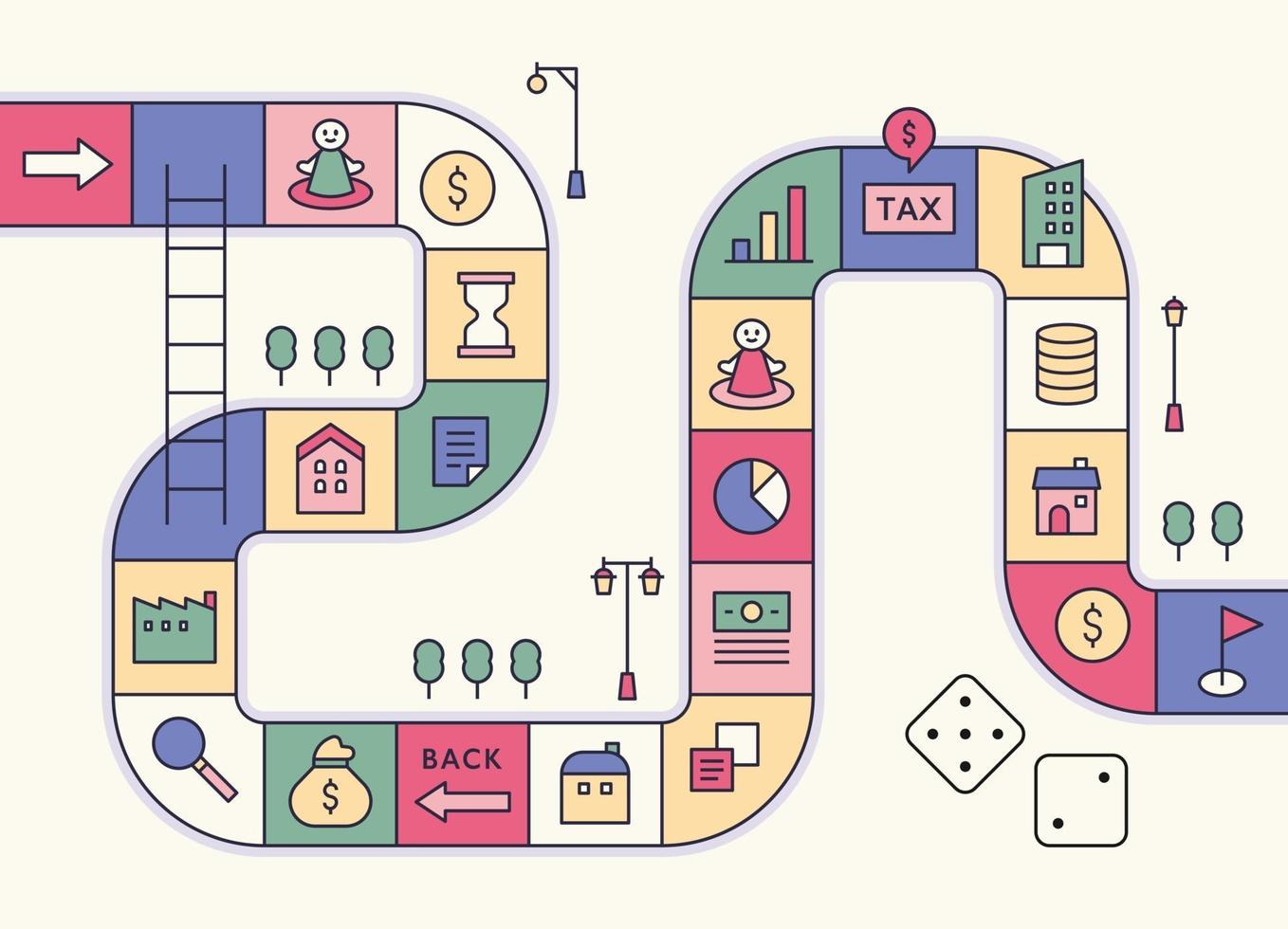 Directions game concept template. Financial icons are placed in each cell. flat design style minimal vector illustration.