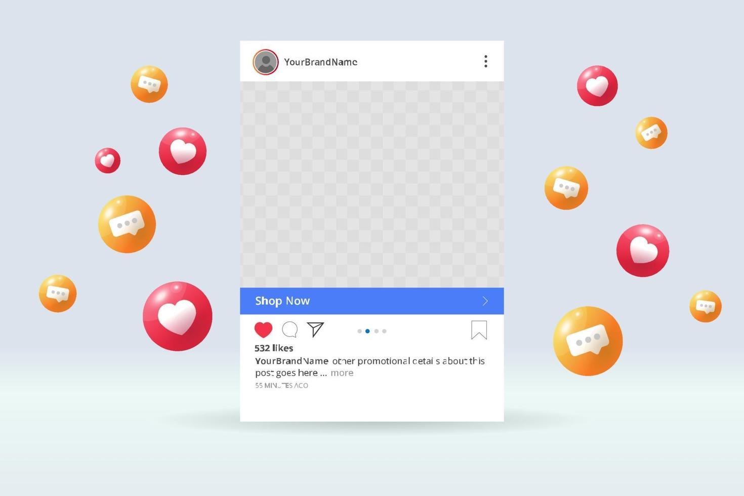 Social media page mockup with like and comment bubble flying vector