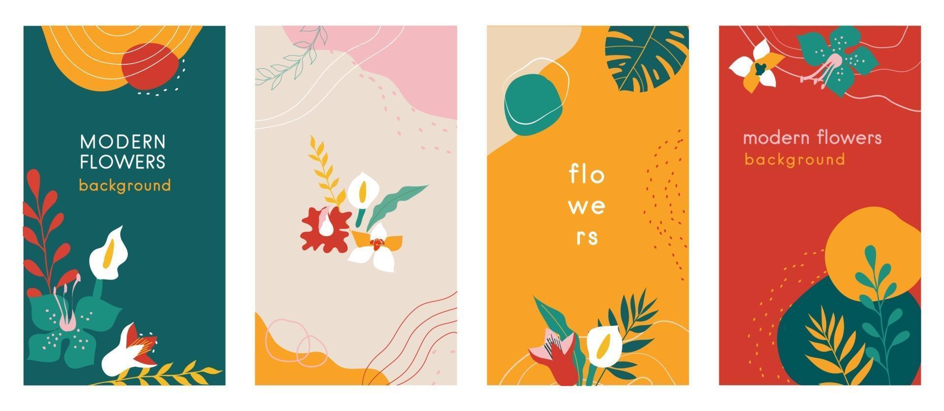 Abstract flowers Social media stories organic backgrounds set with modern color combinations, shapes, flowers and plants, monstera leaves, vertical format. vector