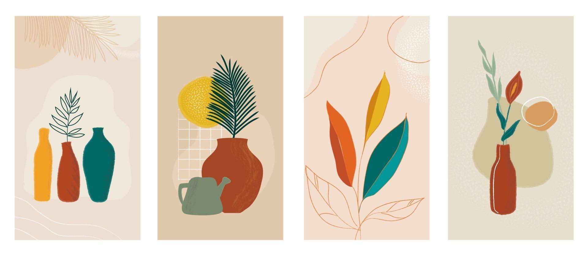 Conjunto de historias de redes sociales de fondos modernos abstractos con plantas en maceta. combinaciones de colores pastel, formas y palmeras tropicales, hojas, líneas. vector