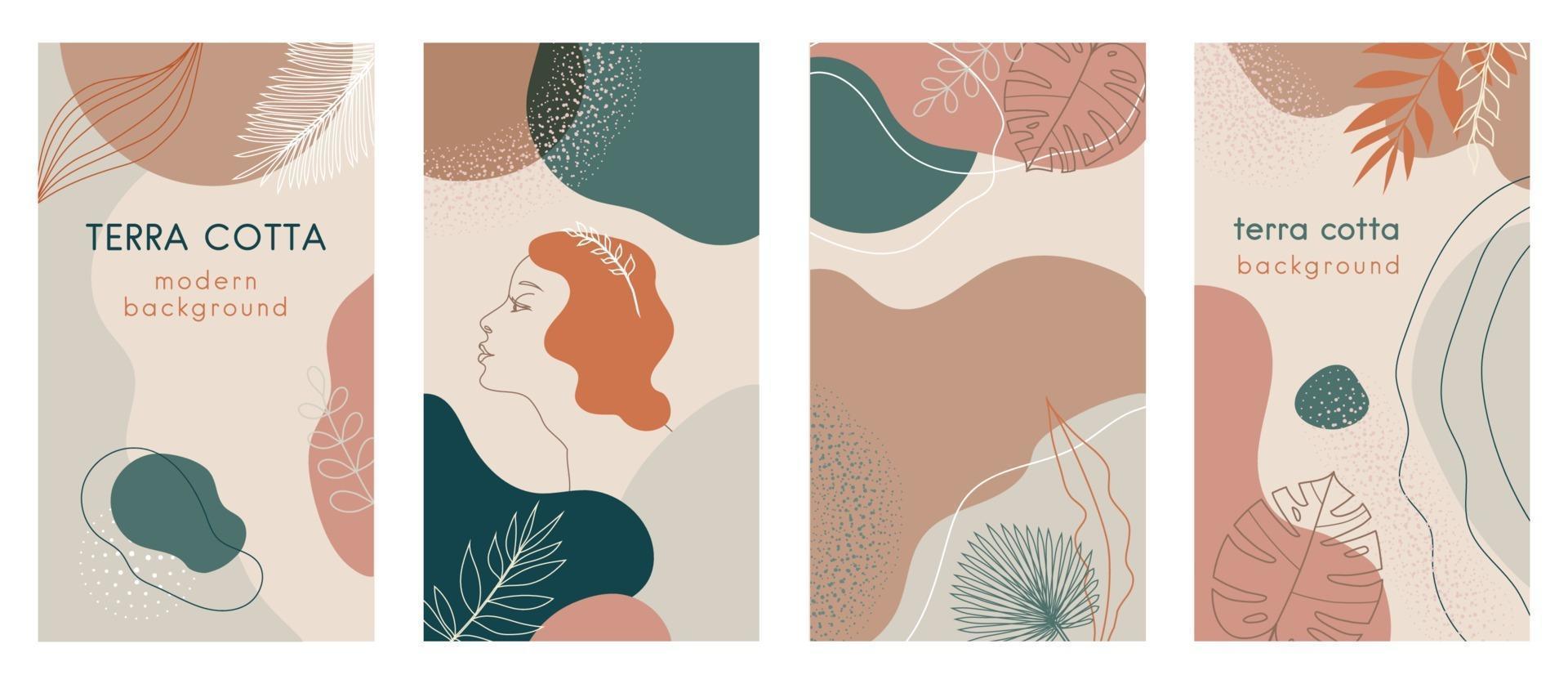 Conjunto de historias de redes sociales de fondos modernos abstractos con combinaciones de colores pastel terracota, formas y palmeras tropicales, hojas de monstera, icono de logotipo de cara de mujer de una línea. vector