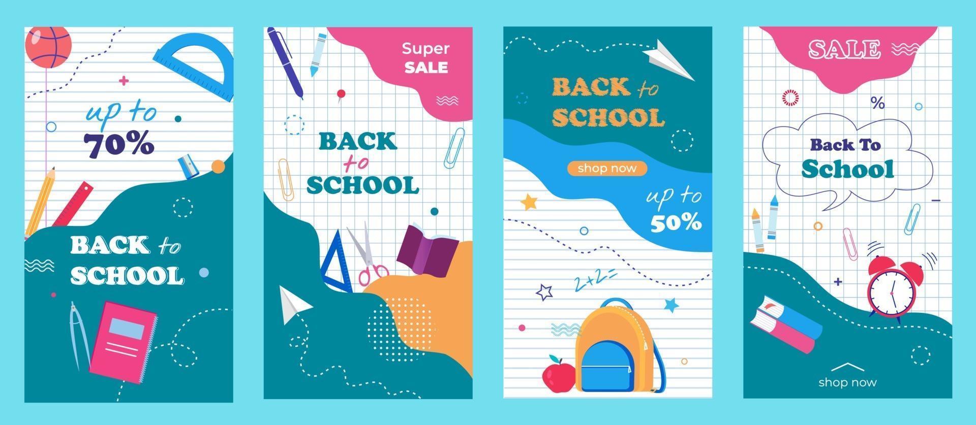 Back to school Stories template for social media, apps, print. Sale flyers set with a modern abstract, notebook paper background and school items. vector