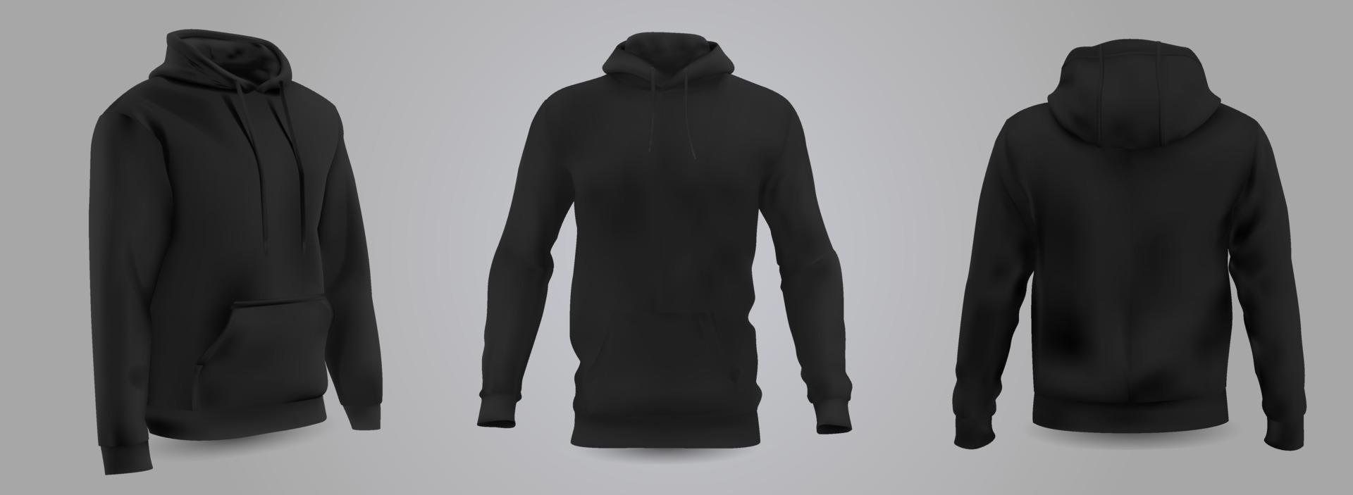 Black men's hooded sweatshirt mockup in front, back and side view, isolated on a gray background. 3D realistic vector illustration, pattern formal or casual sweatshirt.