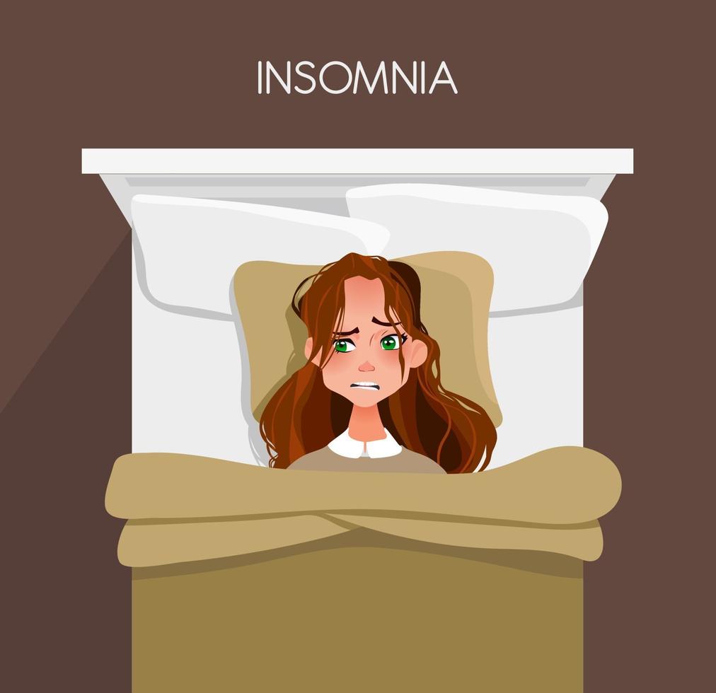 A young woman can't fall asleep. Insomnia. vector