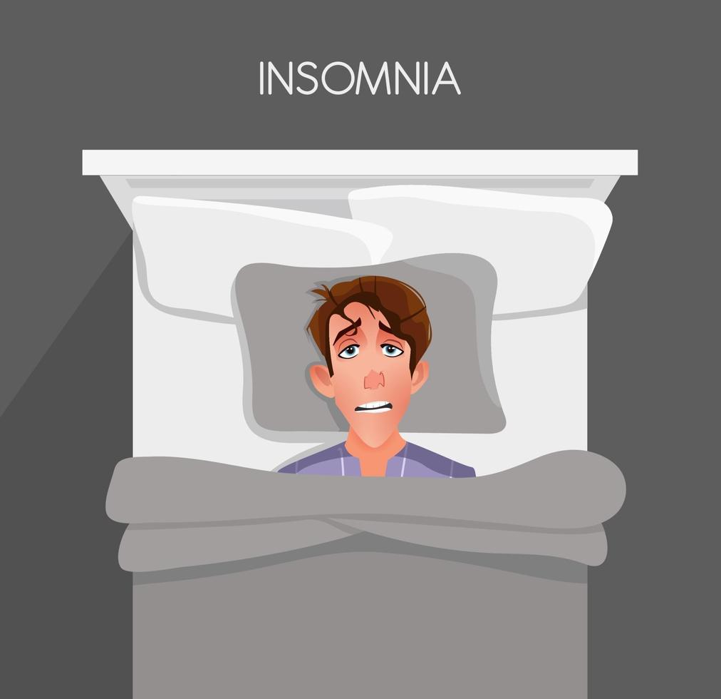 A young man can't fall asleep. Insomnia. vector