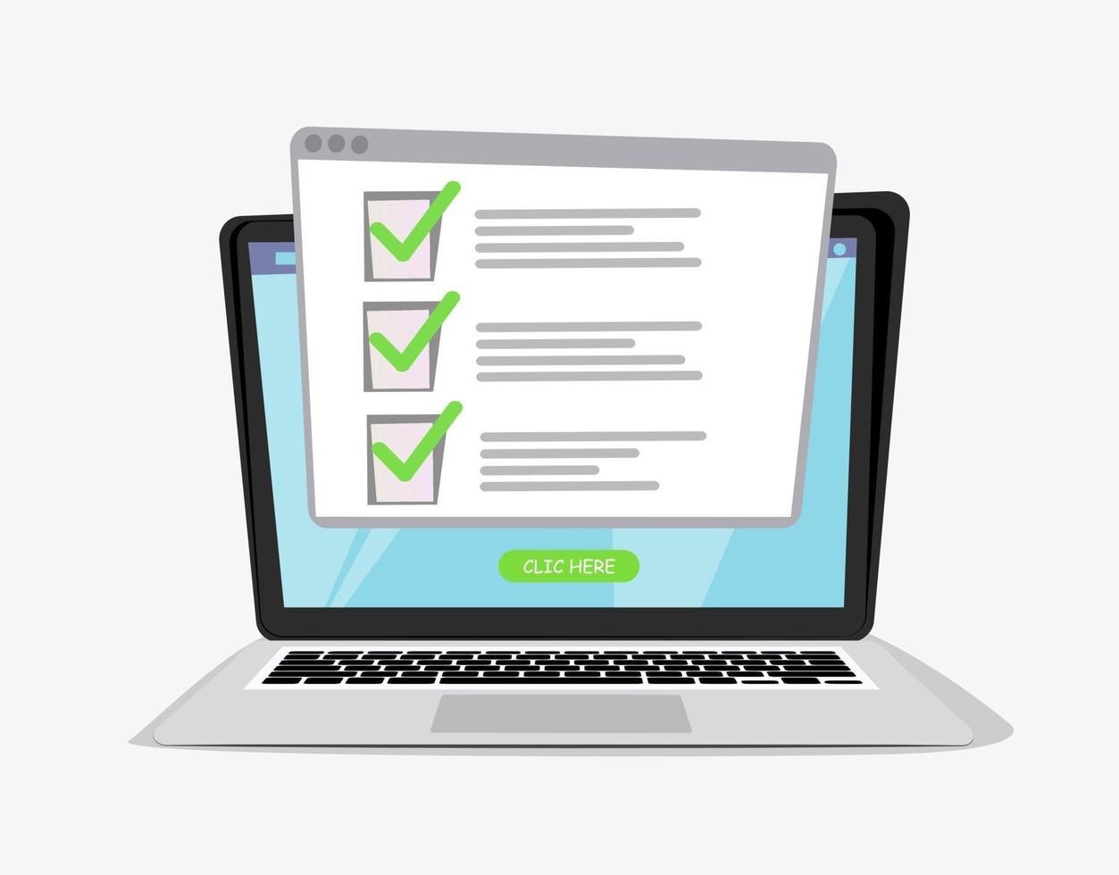 Computer laptop with online quiz form checklist on screen. Online checklist on laptop display. Illustration of check list , survey online laptop. vector