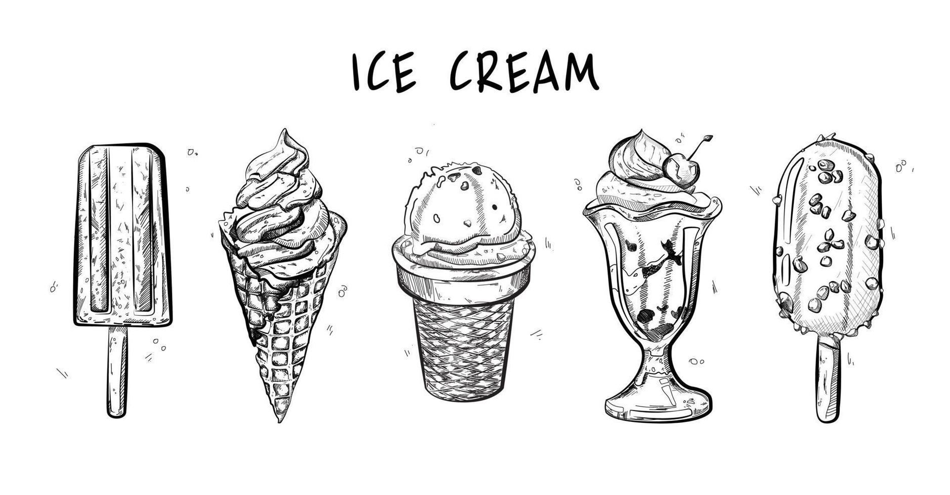 Vector hand drawn illustration of Ice cream set in vintage engraved style. isolated on white background.