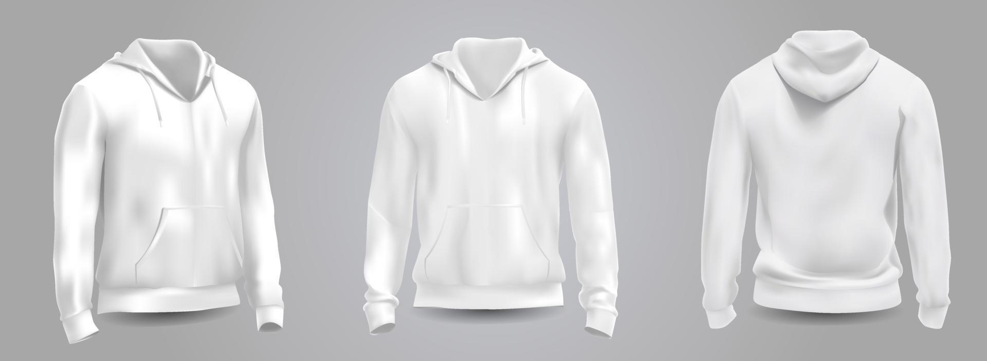 maqueta de sudadera con capucha de los hombres blancos en la vista frontal, posterior y lateral, aislado en un fondo gris. 3d ilustración vectorial realista, patrón de sudadera formal o informal. vector