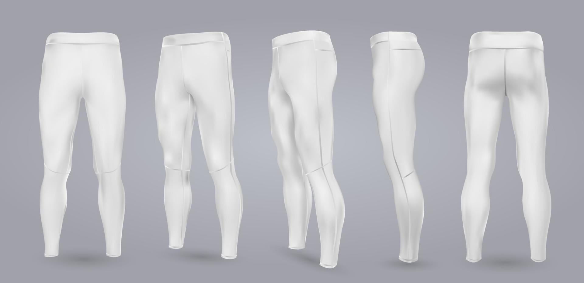 Maqueta de leggings blancos de hombres de diferentes lados, aislado en un fondo gris. Ilustración vectorial realista 3d vector