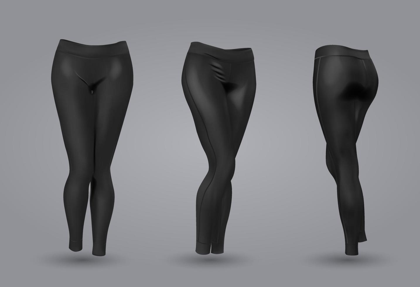 Women black leggings mockup in front and back view, isolated on a gray background. 3D realistic vector illustration