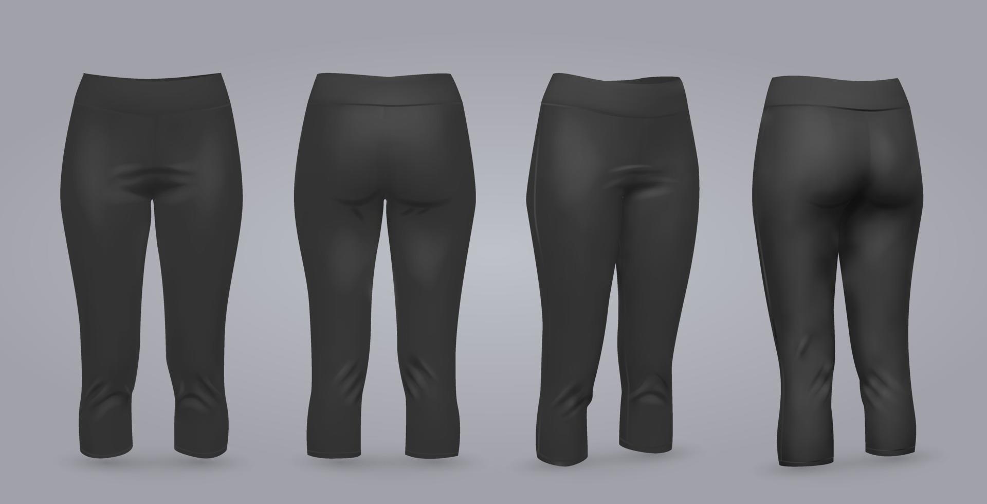 Women black leggings mockup in front and back view, isolated on a gray background. 3D realistic vector illustration