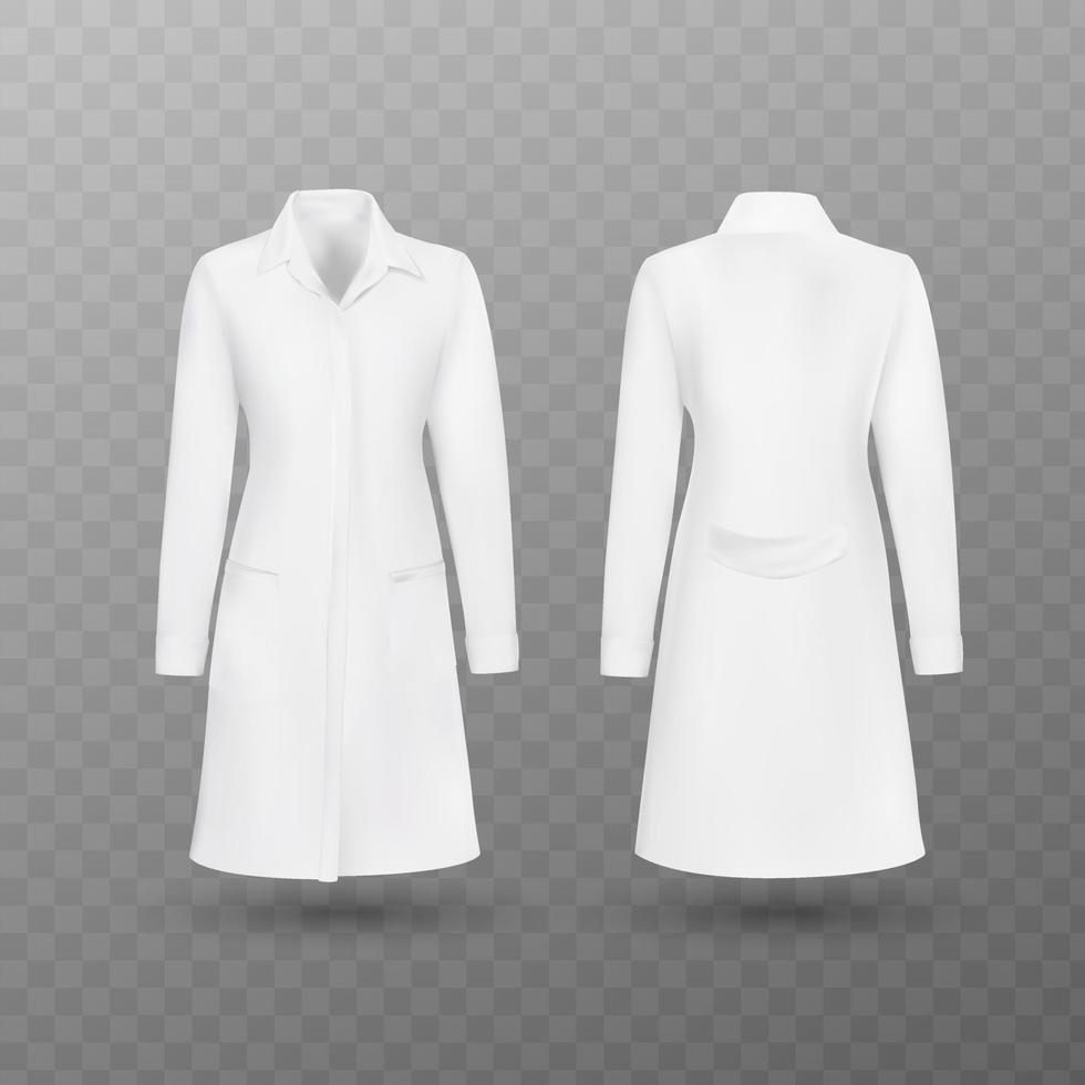 Realistic white medical female lab coat, hospital professional suit vector template isolated. Vector illustration.