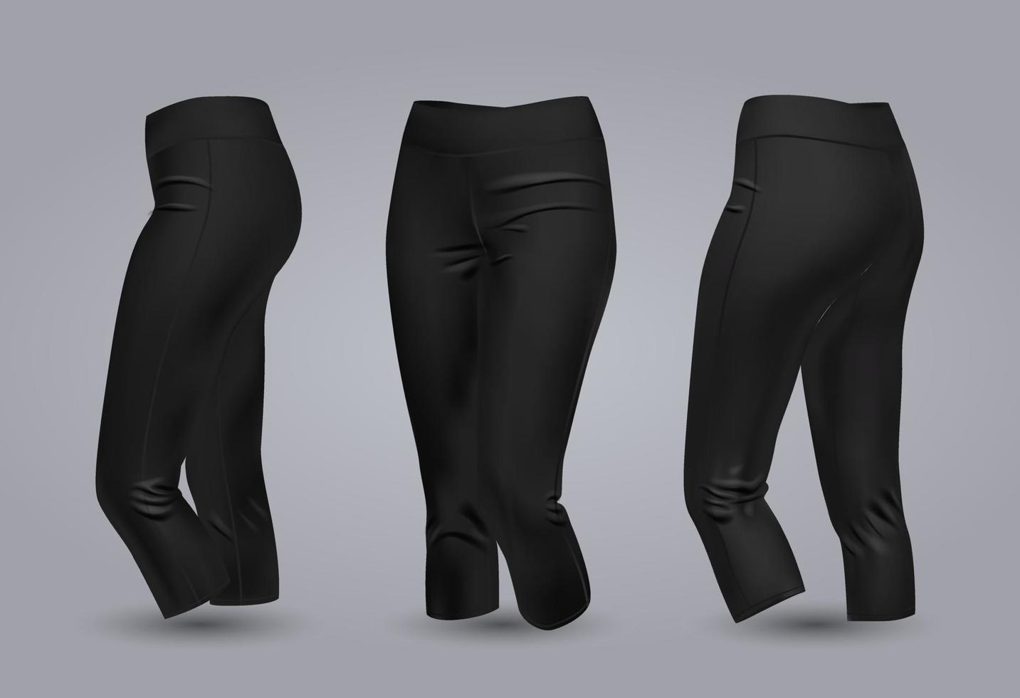 Women black leggings mockup in front and back view, isolated on a gray background. 3D realistic vector illustration